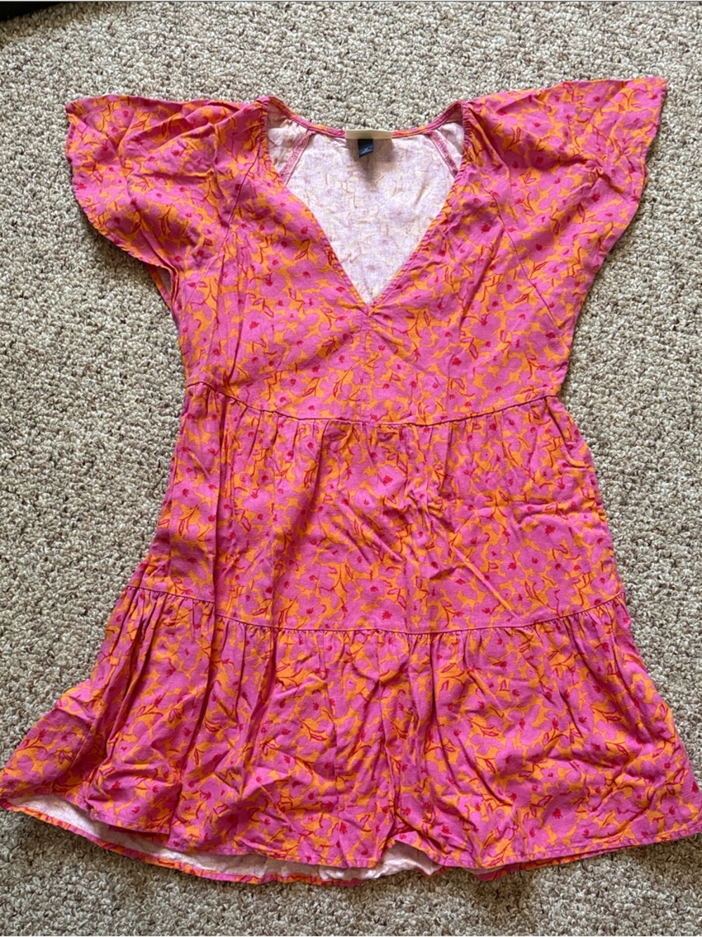 Universal Thread Pink & Orange Floral V-Neck Tiered Mini Dress
